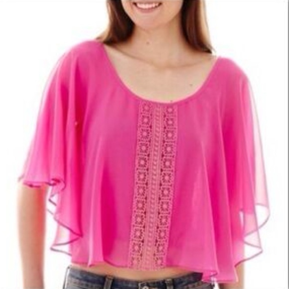 Hot Pink Flutter Sleeve Blouse with Crochet Panel
